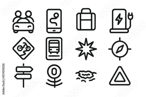 Minimalist transportation and navigation icons on dark background