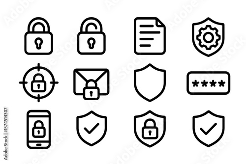 Security icon set featuring locks, shields, and password symbols on dark background