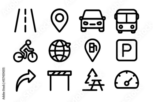 Set of simple black linear transportation and travel icons on dark background