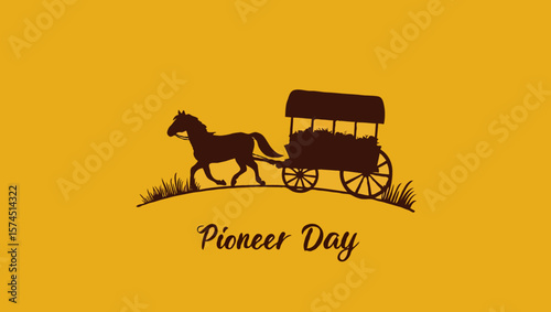 Vector art of a horsedrawn wagon symbolizes pioneer day on a yellow background