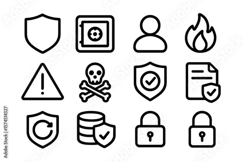 Outline security icons: shield, lock, fire, warning in minimalist design