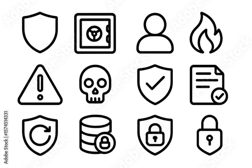 Security and safety icons set: shield, lock, fire, caution, safe, document