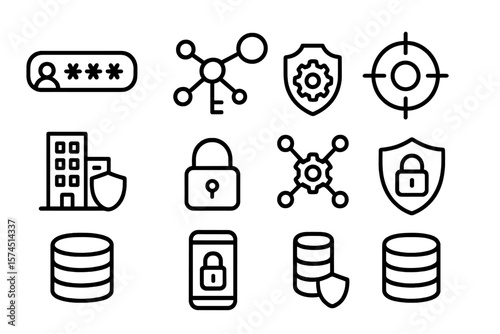 Linear icons of cybersecurity elements including padlock, shield, and network connections