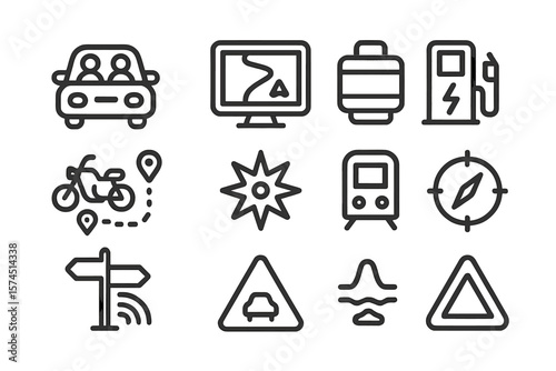 Minimalist transportation icons set with navigation and direction symbols