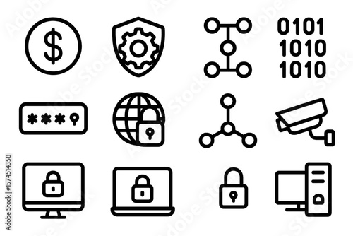 Cybersecurity icons set featuring linear style with network and data protection symbols