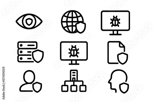 Cybersecurity icons: virus alert, network protection, data security symbols