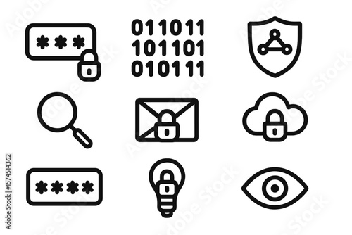 Cybersecurity symbols: lock, email, cloud protection icons in simple style