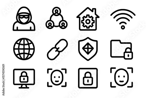 Cybersecurity and connectivity icons set in linear style: secure network, privacy, protection