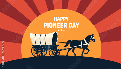 Illustration of a covered wagon and horse for happy pioneer day