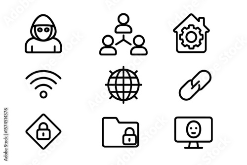 Cybersecurity icons set with network, privacy, and technology symbols