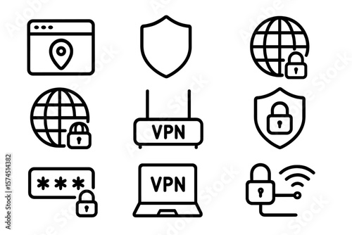Cyber security black icons set featuring vpn and lock symbols