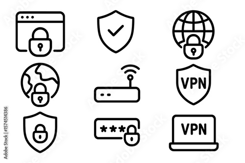 Secure internet connection icons featuring vpn, password, and protection symbols