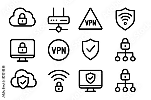 Cybersecurity icon set featuring vpn and cloud symbols in linear style