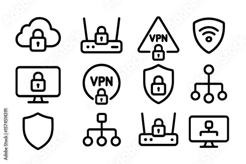 Secure network icons: vpn, cloud, firewall, and wifi protection