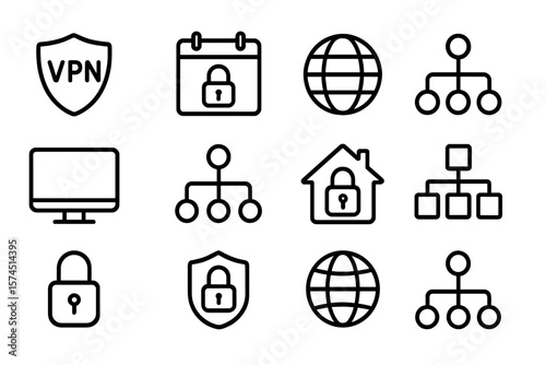 Cybersecurity concept icons: vpn, network, encryption on dark background
