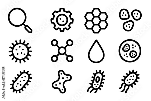 Microbiology icons set: simple outline design of bacteria and cells