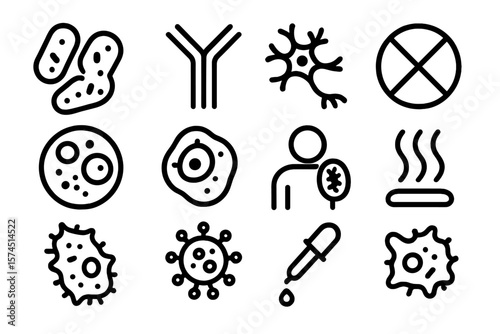 Outline icons of virus, bacteria, and microbiology elements in black and gray