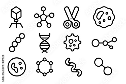 Scientific icon set with black linear graphics on dark background