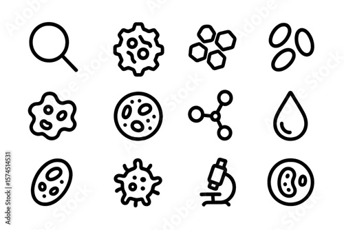 Minimalist microbiology icons set with linear style and dark background