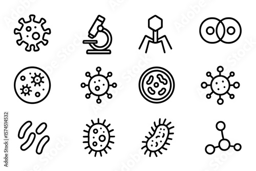 Dark minimalist microbiology icons with microscopes and bacteria symbols