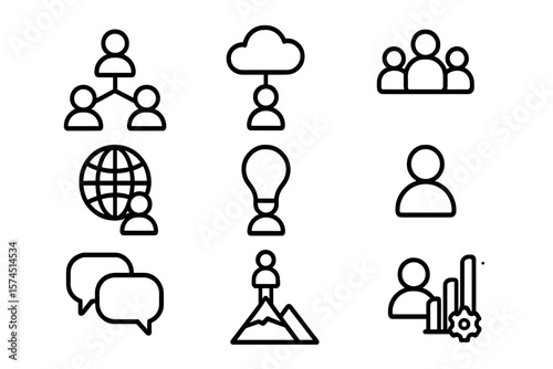 Minimalist icons for business and technology themes on dark background