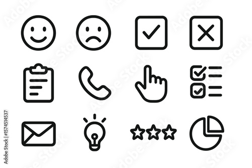 Simple black outline icons set for business and communication on dark background