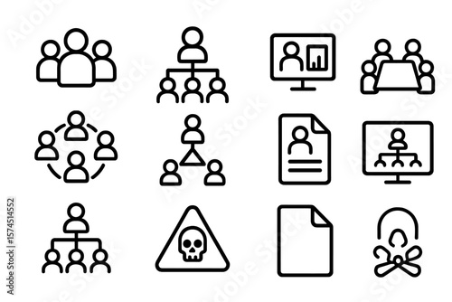 Set of simple icons for organizational charts and digital content on dark background