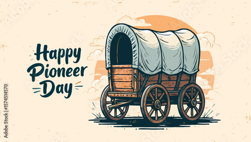 Vector art of a vintage wagon illustration celebrates happy pioneer day in the west