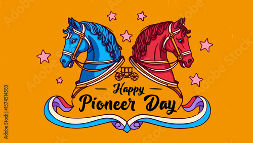 Vector art of a vintage illustration celebrates happy pioneer day with horses and carriage