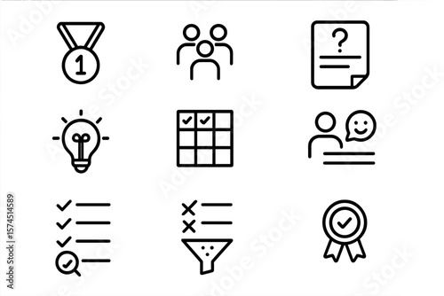 Set of linear icons for achievement and collaboration concepts