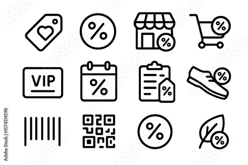 Black friday shopping icons: minimalist collection for retail and discounts