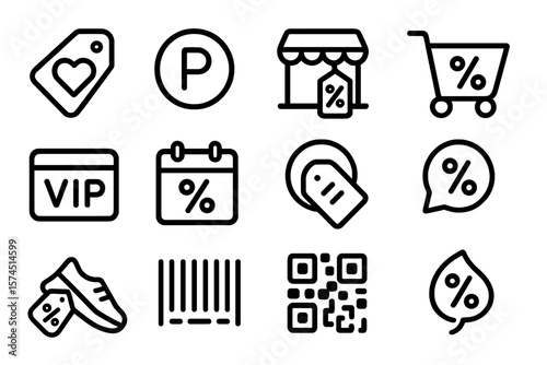 Outline icons of discounts and shopping: sales, tags, and qr codes