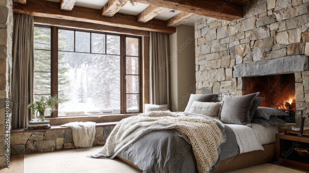 Fototapeta premium rustic mountain bedroom, stone wall, thick wool blankets, wooden beams, small fireplace in corner, snow visible through frosted window, warm 