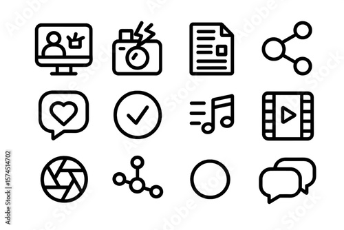 Minimalist social media and multimedia icon set with dark silhouette style