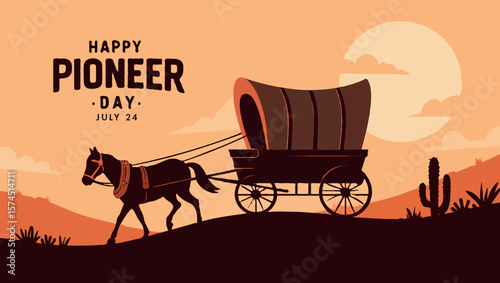 Vector art of a horsedrawn wagon travels through the desert on pioneer day