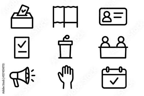 Political voting icons: black and transparent set featuring ballot, id, speaker, and more