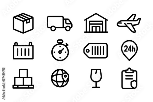 Logistics and delivery icons: black linear style with global and timely themes