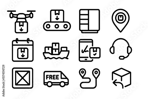 Delivery and shipping icons collection: drone, logistics, tracking, and package outlines