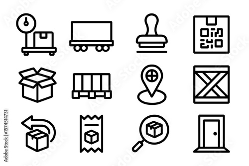 Black linear icons for delivery and shipping concepts on dark background