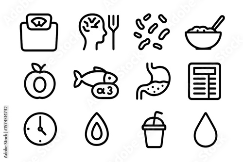 Minimalist monochrome icons representing healthy eating and nutrition concepts for wellness