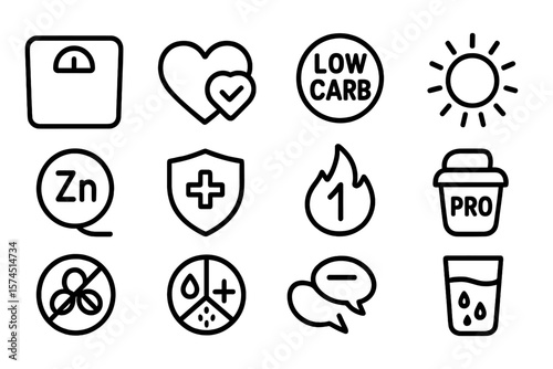 Health and wellness icons with symbols for diet, nutrition, and fitness
