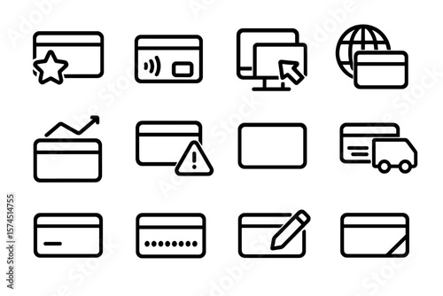 Set of linear payment icons featuring cards and online shopping symbols