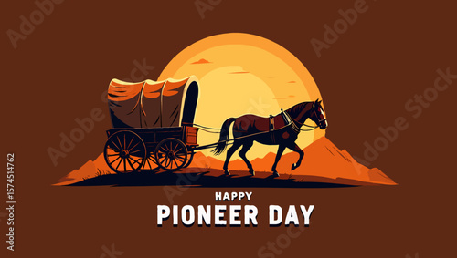 Vector art of a vintage illustration of a horse and covered wagon for pioneer day
