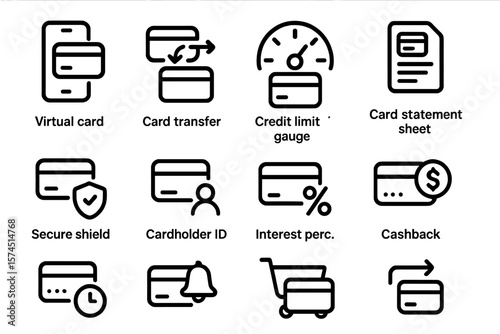 Financial icons set featuring virtual card, transfer, and credit limit indicators