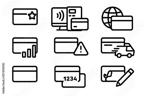 Digital payment card icons: minimalist line art set for web and mobile