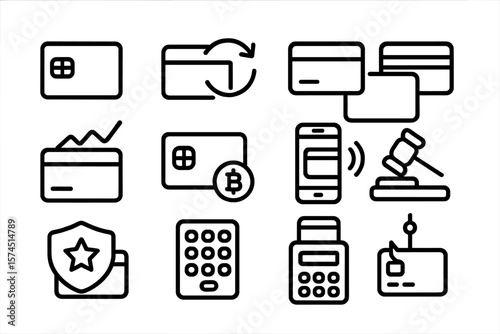 Financial technology icons collection: cryptocurrency, mobile payments, fraud protection