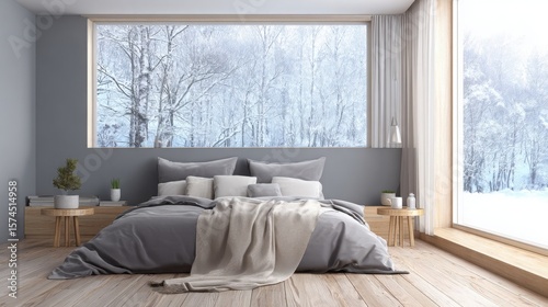Scandinavian bedroom interior, soft gray bedding, light wood floor, large window with snow view
