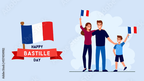 Vector art of a family celebrates happy bastille day with french flags