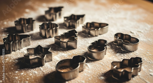 Metal cookie cutters on flour covered surface
