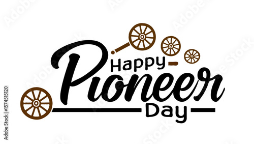 Vector art of happy pioneer day typography with wagon wheels illustration